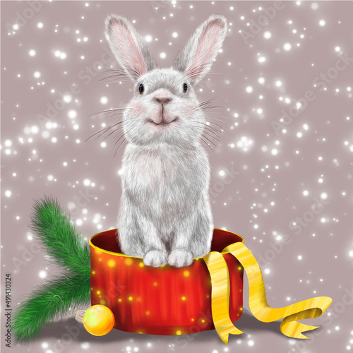 A beautiful fluffy cute rabbit that sits in a gift box. The illustration is hand-drawn in a realistic style. New Year's illustration. The year of the rabbit.