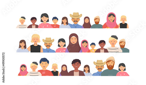 Multiethnic group of people standing together community and togetherness concept, diversity portrait. Characters men and women isolated on white. Crowd community. Social diversity friends or relatives