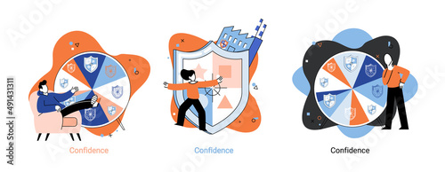 Self confidence concept. Person has private conversation metaphor. Brave confident. Trust property, reassuring partnerships, conviction. Protection of intellectual property. Confidential data
