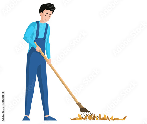 Man cleaning fallen leaves vector illustration. Young rancher, farm worker standing with rake. Farmer holding garden raker isolated on white background. Seasonal farming, gardening, leaves cleaning
