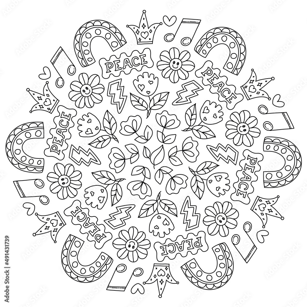 Fototapeta premium Positive, groovy Mandala colouring. Hand drawn coloring page for kids and adults. Beautiful drawing with patterns and small details. Coloring book pictures. Botany, flowers, herbs, leaves