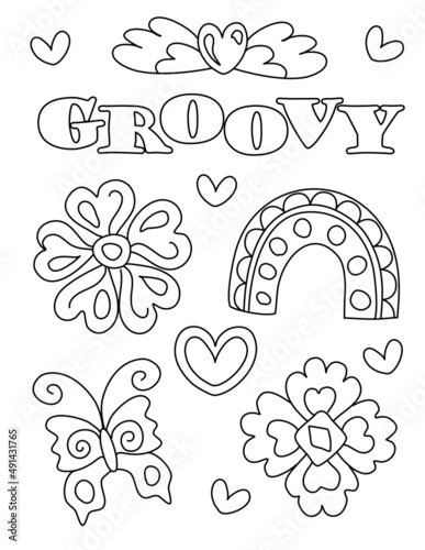 Good Vibes. Positive, Groovy Hand drawn coloring pages for kids and adults. Beautiful drawings with patterns and small details. Coloring book pictures with blooming branches, flowers, smile, stickers