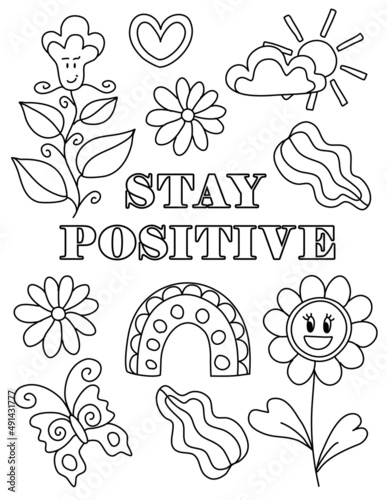 Good Vibes. Positive, Groovy Hand drawn coloring pages for kids and adults. Beautiful drawings with patterns and small details. Coloring book pictures with blooming branches, flowers, smile, stickers