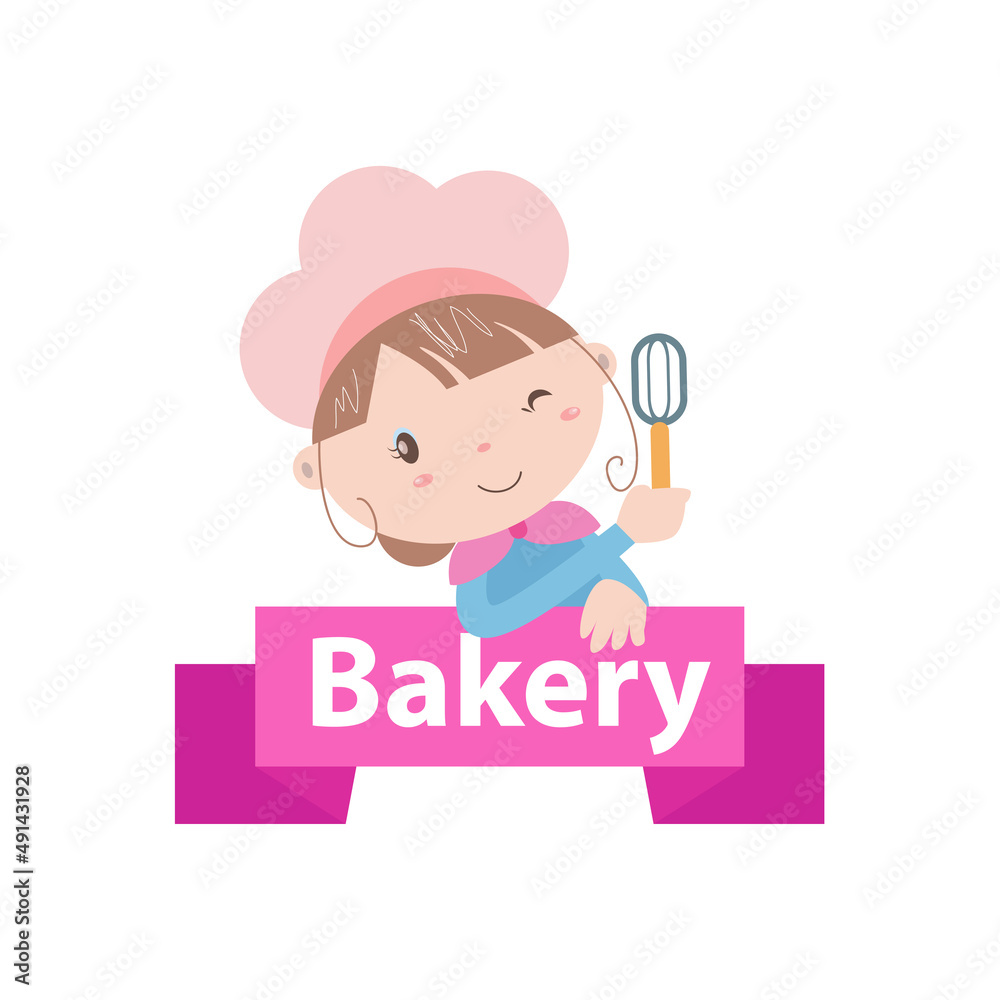 Bakery logo vector illustration with cute girl cartoon art Bakery logo vector illustration with cute girl cartoon art