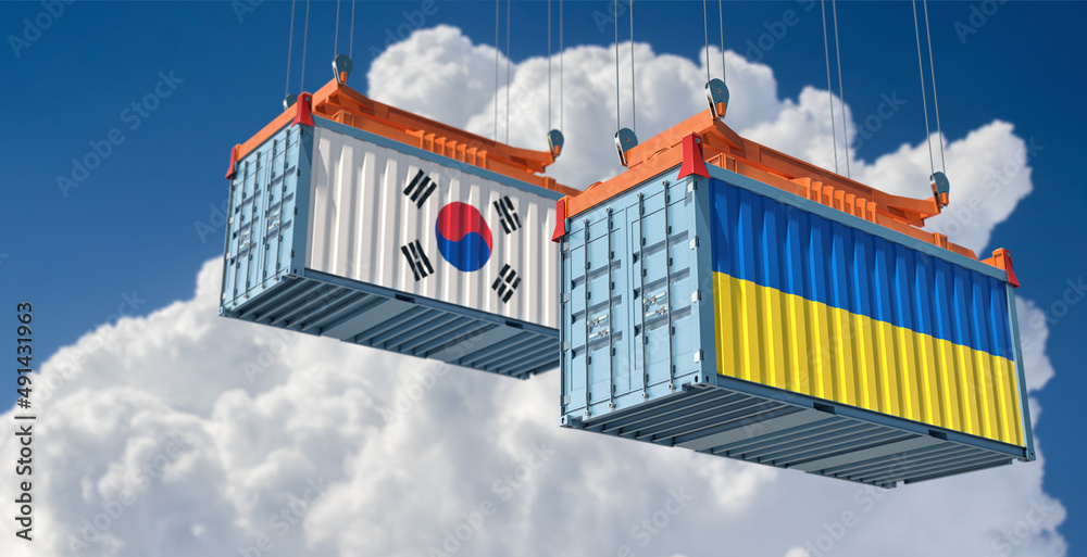 Cargo containers with South Korea and Ukraine national flags. 3D Rendering 