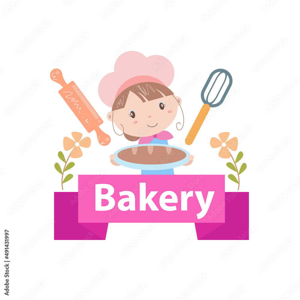 Bakery logo vector illustration with cute girl cartoon art Bakery logo vector illustration with cute girl cartoon art