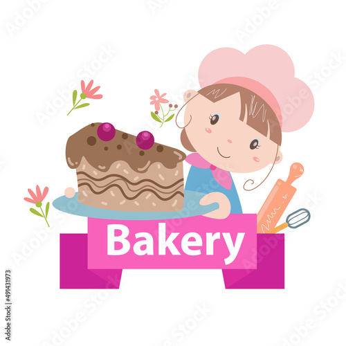 Bakery logo vector illustration with cute girl cartoon art