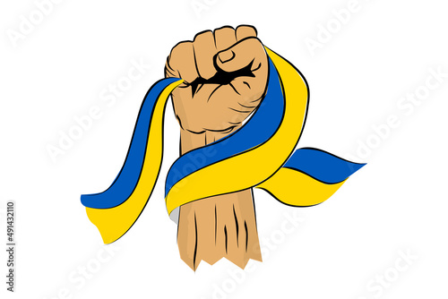 Simple Vector Sketch Punching or Fisting Hand, Hold Ukraine Flag