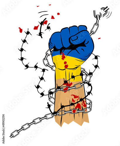 Simple Vector Sketch Bloody Punching or Fisting Hand with chain and barbed wire, Ukraine Flag
