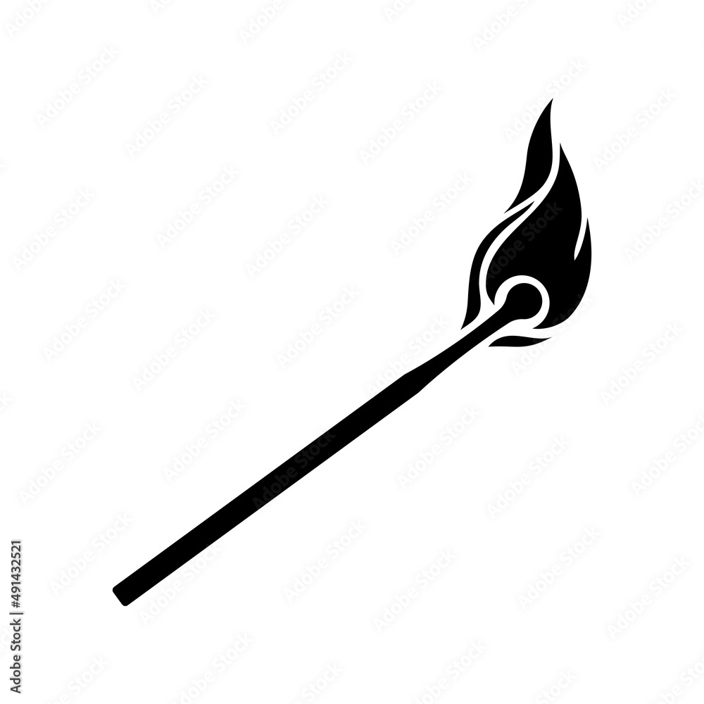 Illustration of a burning match, the silhouette of a lit match in the form of an icon. Isolated match on white background. Vector graphics Illustration of a burning match, the silhouette of a lit match in the form of an icon. Isolated match on white background. Vector graphics