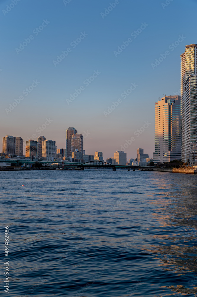 Naklejka premium 東京都江東区豊洲から見た夕方の都市景観