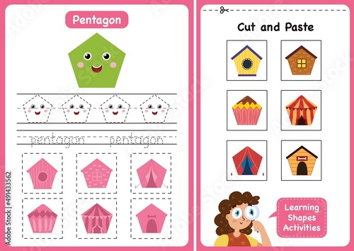 Learning shapes activity page - Pentagon. Geometric shapes worksheets for kids. Cut and paste game for toddlers. Vector illustration