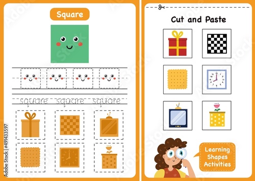 Learning shapes activity page - Square. Geometric shapes worksheets for kids. Cut and paste game for toddlers. Vector illustration