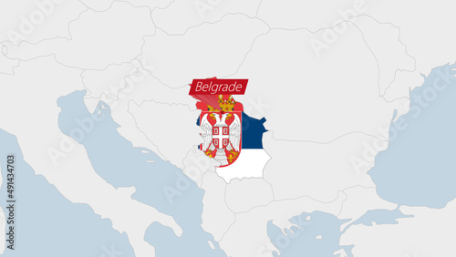 Serbia map highlighted in Serbia flag colors and pin of country capital Belgrade.