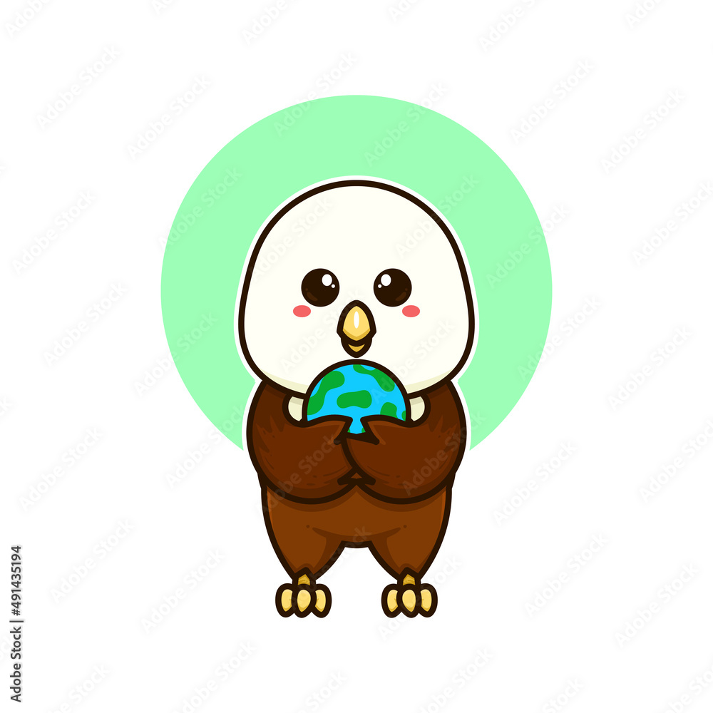 happy bald eagle bird and earth planet adorable cartoon doodle vector illustration flat design style