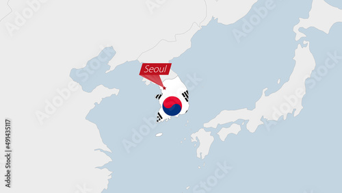 South Korea map highlighted in South Korea flag colors and pin of country capital Seoul.