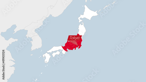 Japan map highlighted in Japan flag colors and pin of country capital Tokyo.