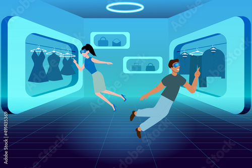 Metaverse virtual reality shop. People wearing VR goggles while shopping clothes in the metaverse illustration concept.