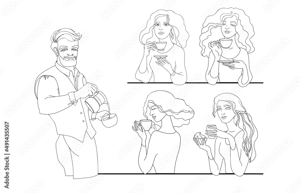 Barista and young women with cup of coffee. Outline vector.