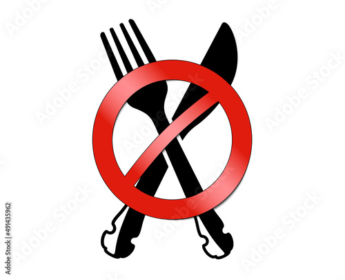 Eating prohibited, eating not allowed symbol with tableware and prohibition sign. 3d vector design with black tableware and red sign on white background.
