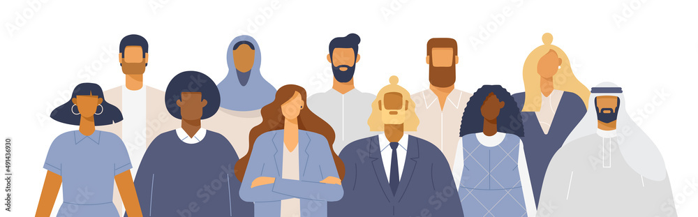Group of business people of different nationalities and cultures, skin colors and hairstyles. Society or population, social diversity. Cartoon characters. Vector illustration in flat design, isolated.