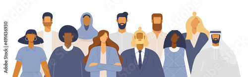 Group of business people of different nationalities and cultures, skin colors and hairstyles. Society or population, social diversity. Cartoon characters. Vector illustration in flat design, isolated.