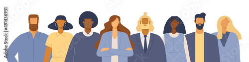 Group of business people of different nationalities and cultures, skin colors and hairstyles. Businessman and businesswoman together. Society or population, social diversity. Vector illustration. 