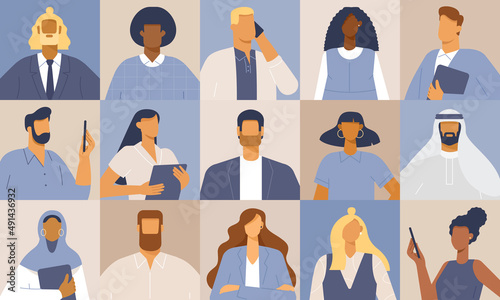 Set of portraits or heads of business male and female cartoon characters. Various nationality. Blond, brunet, redhead, African American, Asian, Muslim, European. Set of avatars. Vector, flat design.