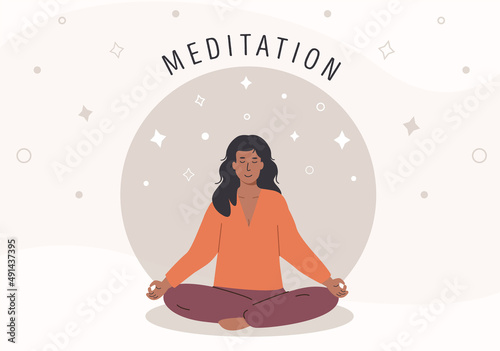 Horizontal poster with young african female meditating and doing yoga breathing exercise. Women practicing Pranayama and meditation. Flat style vector illustration. Banner template.