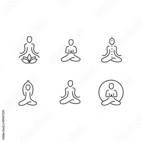 Meditation and yoga practice outline vector icons set. Collection of simple minimal elements of asanas. Relaxation, mind concentration, spiritual practice, wellness and mindfulness. 