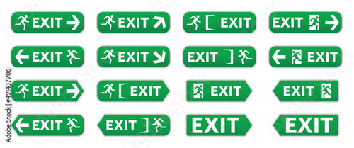Set of emergency escape signs. Green exit icons collection. Vector illustration.