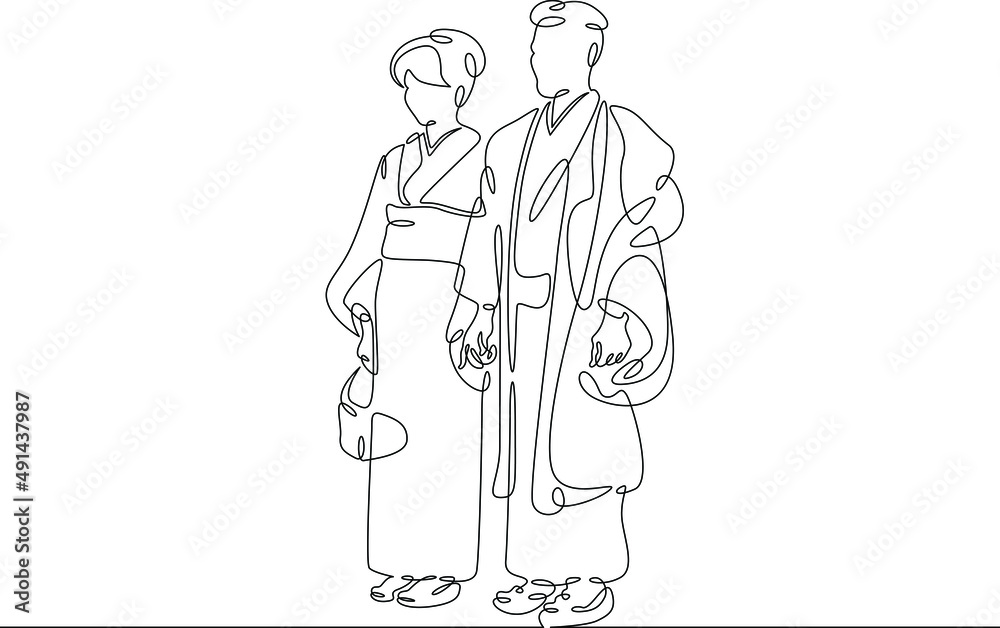 One continuous line.Japanese man and woman character in traditional folk national clothes yukata and hakama. Japanese couple. Continuous line drawing.Line Art isolated white background.
