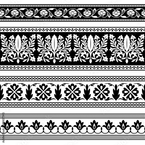 Decorative seamless borders. Persian, middle east art. Black and white colors.