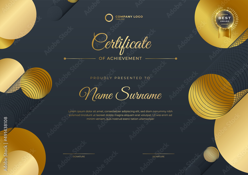 Modern black gold certificate template and border, for award, diploma, and printing. Black and