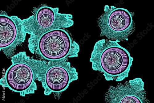 Decorative purple, black and turquoise background with circles and texture