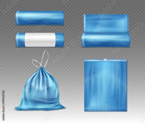 Blue plastic bag for trash and garbage.  Blue disposable package for rubbish. Vector realistic mockup of polyethylene trash bag isolated on transparent background.
