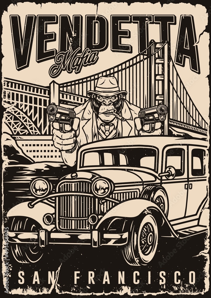 Gorilla gangster against bridge poster