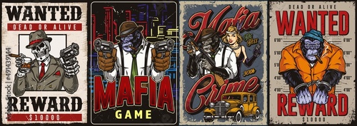 Colorful mafia posters set with inscriptions