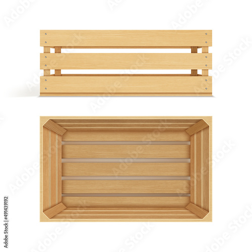 Vector realistic cargo storage wooden box isolated on white background. Wooden fruit box with holes. Box for storage and transportation of food.