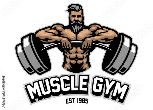 Bearded Powerlifter Muscle Man Mascot Logo photo