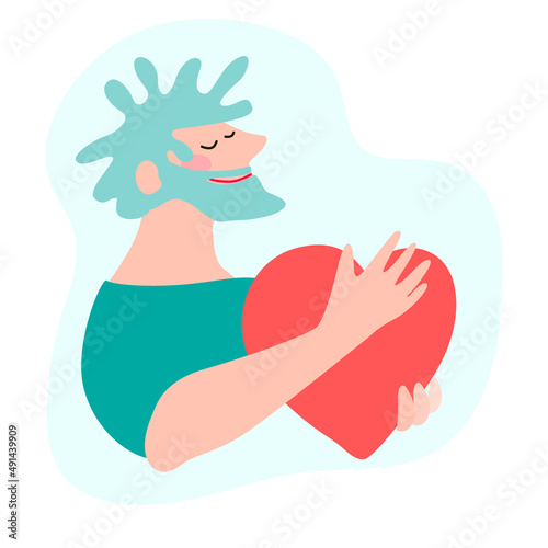 Cartoon style illustration of a old man hugging her chest to support her mental or heart health