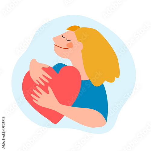 Cartoon style illustration of a young woman hugging her chest to support her mental or heart health