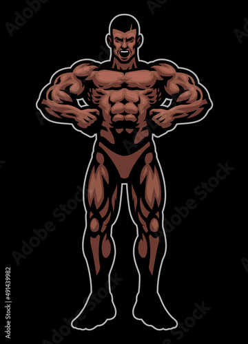Black Bodybuilder Mascot Flexing His Muscle Body