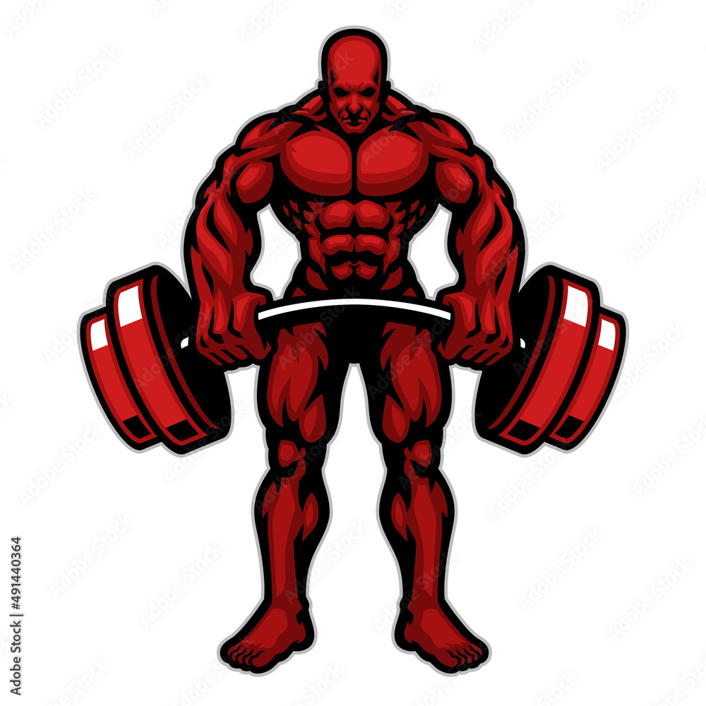 Muscle Bodybuilder Mascot logo Lift Barbell