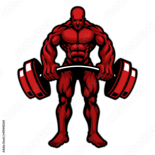 Muscle Bodybuilder Mascot logo Lift Barbell