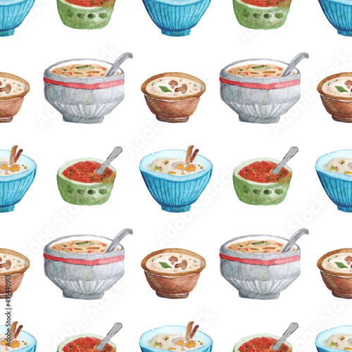 Watercolor seamless pattern with soup plates. Hand drawn illustration.