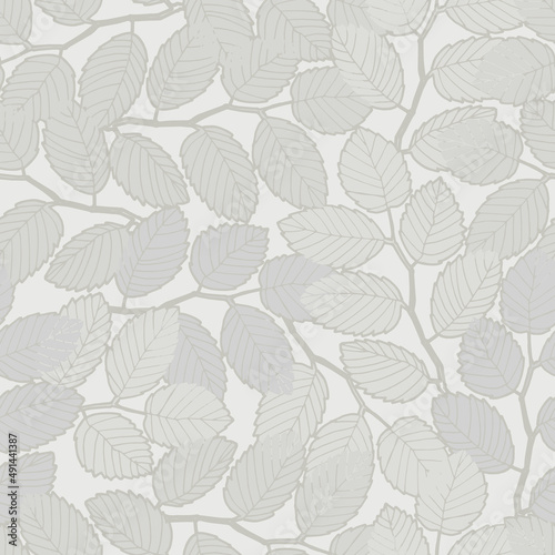 Seamless pattern with elm tree branches and leaves on light background for surface design  wallpaper  fabrics  home decor. Monochrome pastel realistic line art