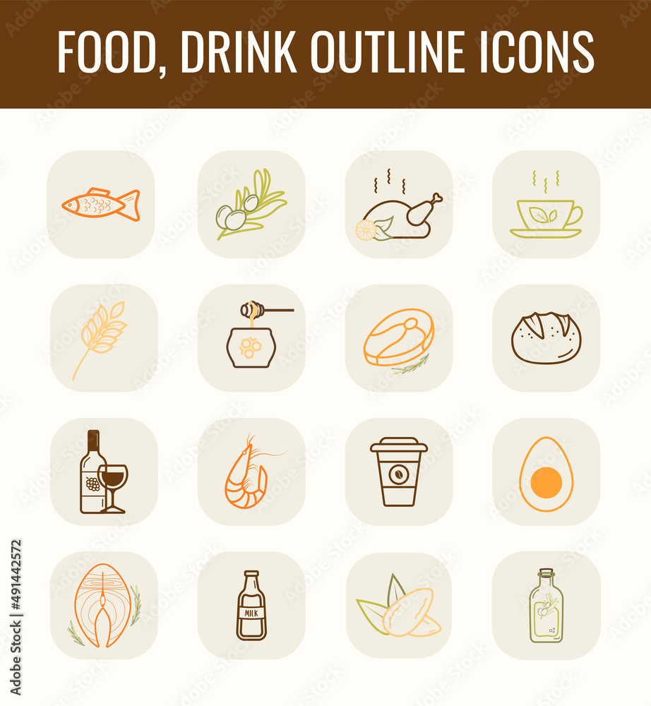 Food and drink outline icons set for web. Fish, drink and meat vector thin line illustration. Food and drink outline icons set for web. Fish, drink and meat vector thin line illustration.