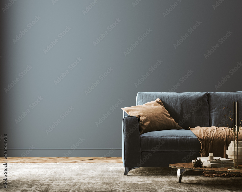 Modern home interior mockup with dark blue sofa, table and decor in living room, 3d render