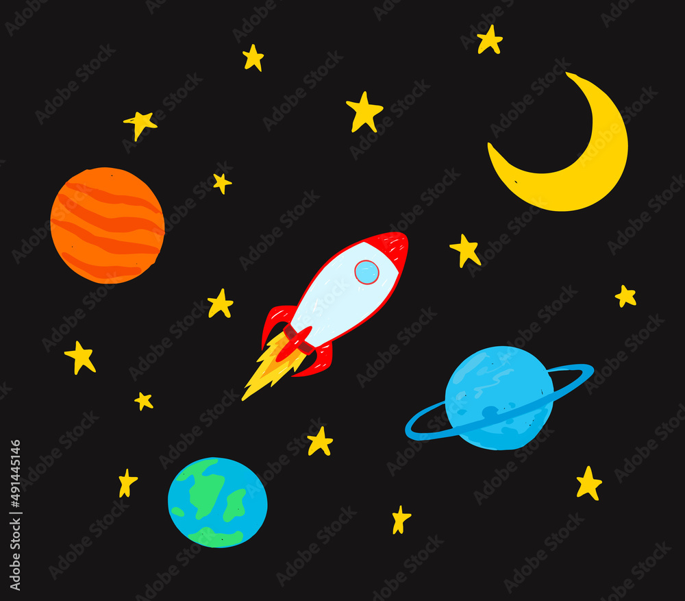 illustration with hand drawn style about rocket in space